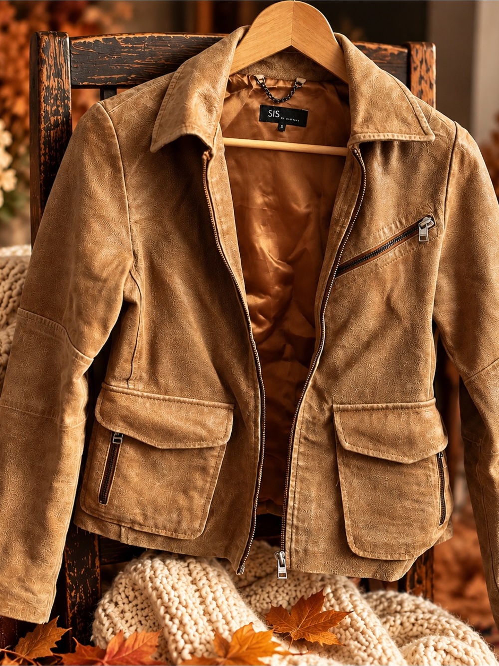 SIS by Sisters Genuine Leather Tan Moto Jacket – Size Small – Vintage Distress